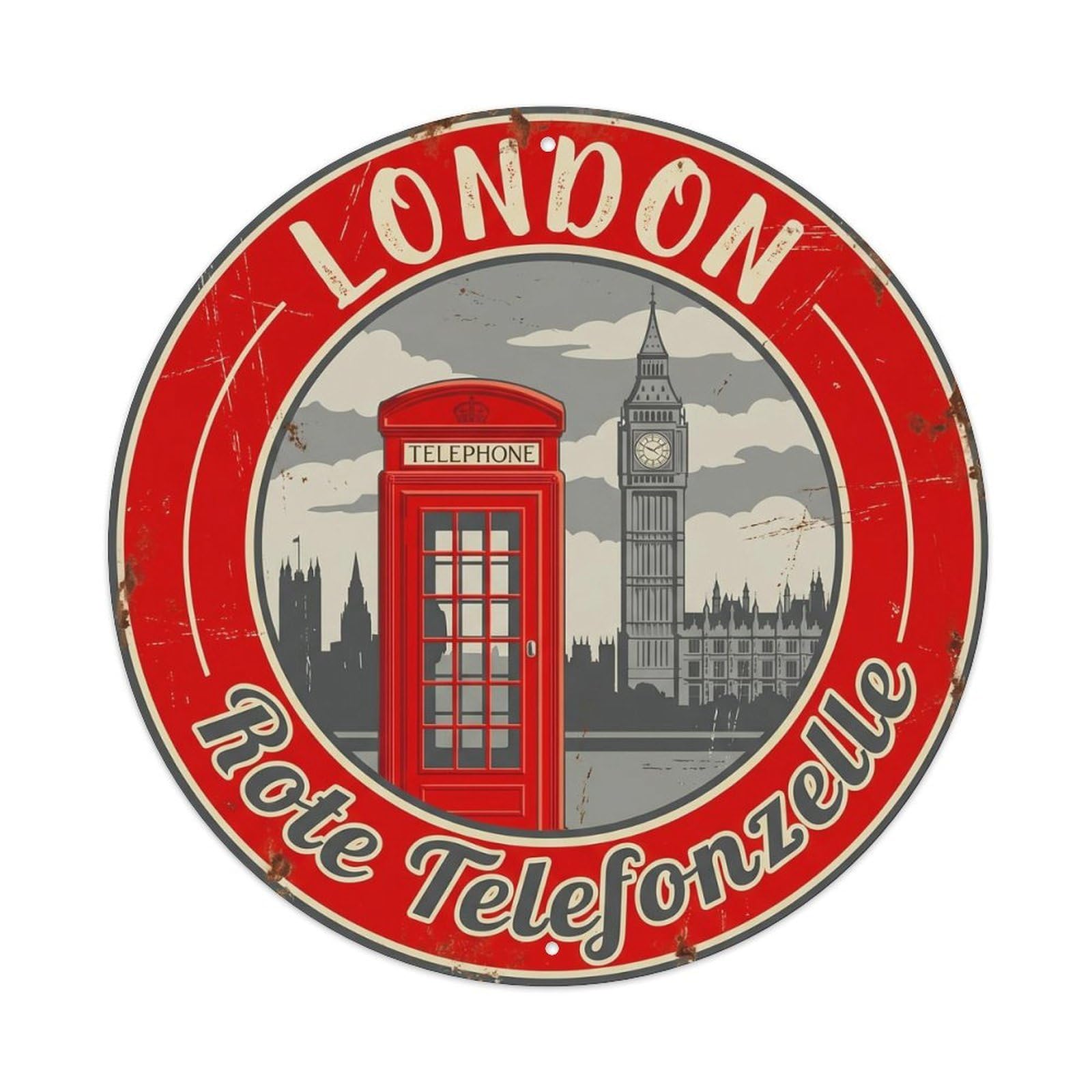 Vintage Travel Red Telephone Booth London Metal Tin Sign Plaque Wall Decor for Cafe, Club, Garden Round Metal Poster 8x8Inch
