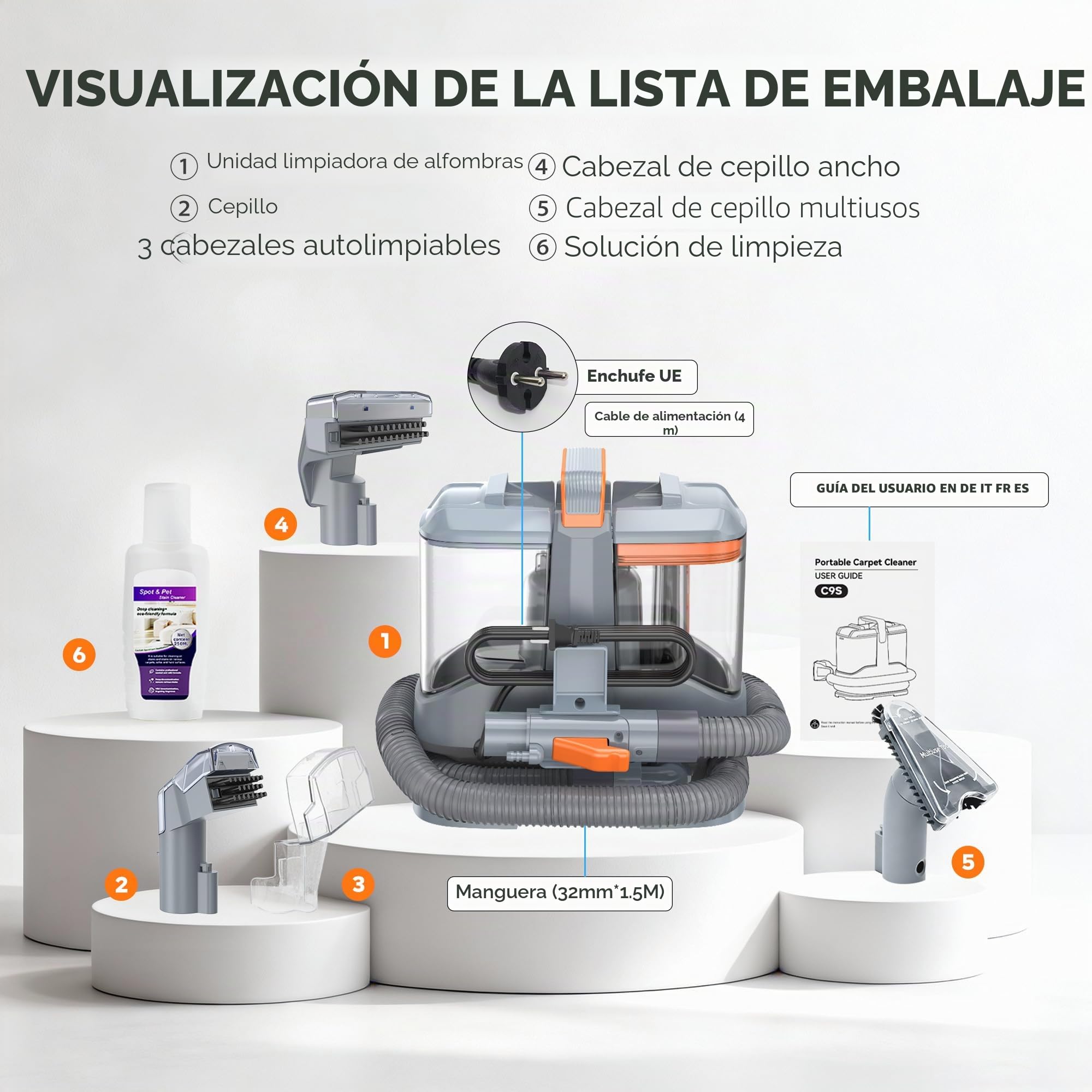 Limpiador de Tapicerías 450W 13kPa, Aspiradora de Agua para Tapicería y Sofá, Máquina para Limpiar Sofás, Alfombras y Colchones, con 3 Cepillos y Doble Depósito Autolimpiable, Portátil 2,6kg