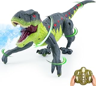 Remote Control Walking Dinosaur Toy for Kids - Birthday Gift for Boys Ages 3-5 5-7 8-12 - Electronic Dino with Lights, Roaring Sounds, and Spray Feature - Gray Green