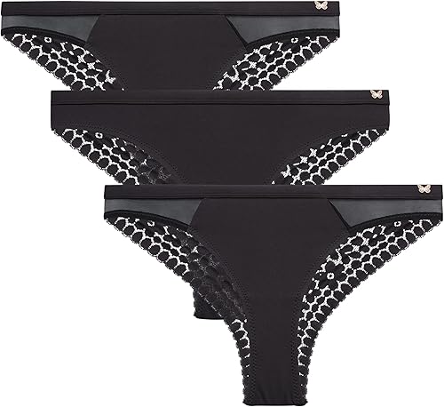 Jessica Simpson Ropa interior para mujer - Paquete de 3 bragas Tanga de encaje de microfibra (S-XL)