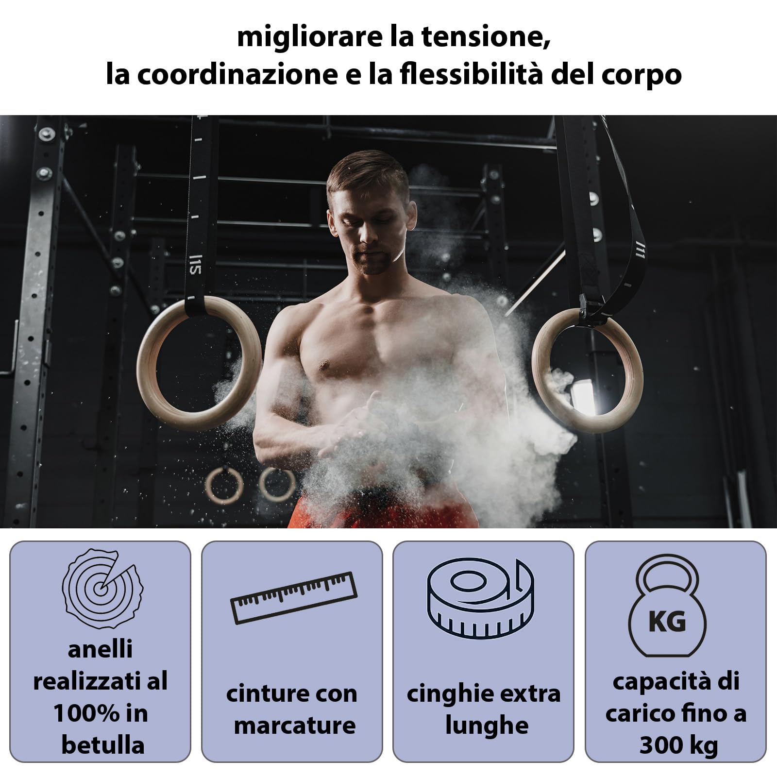 ALPIDEX Anelli Ginnastica e Palestra in Legno | e-Book Incluso – ancoraggi per Porta e Cinghie di Fissaggio con marcatura della Lunghezza