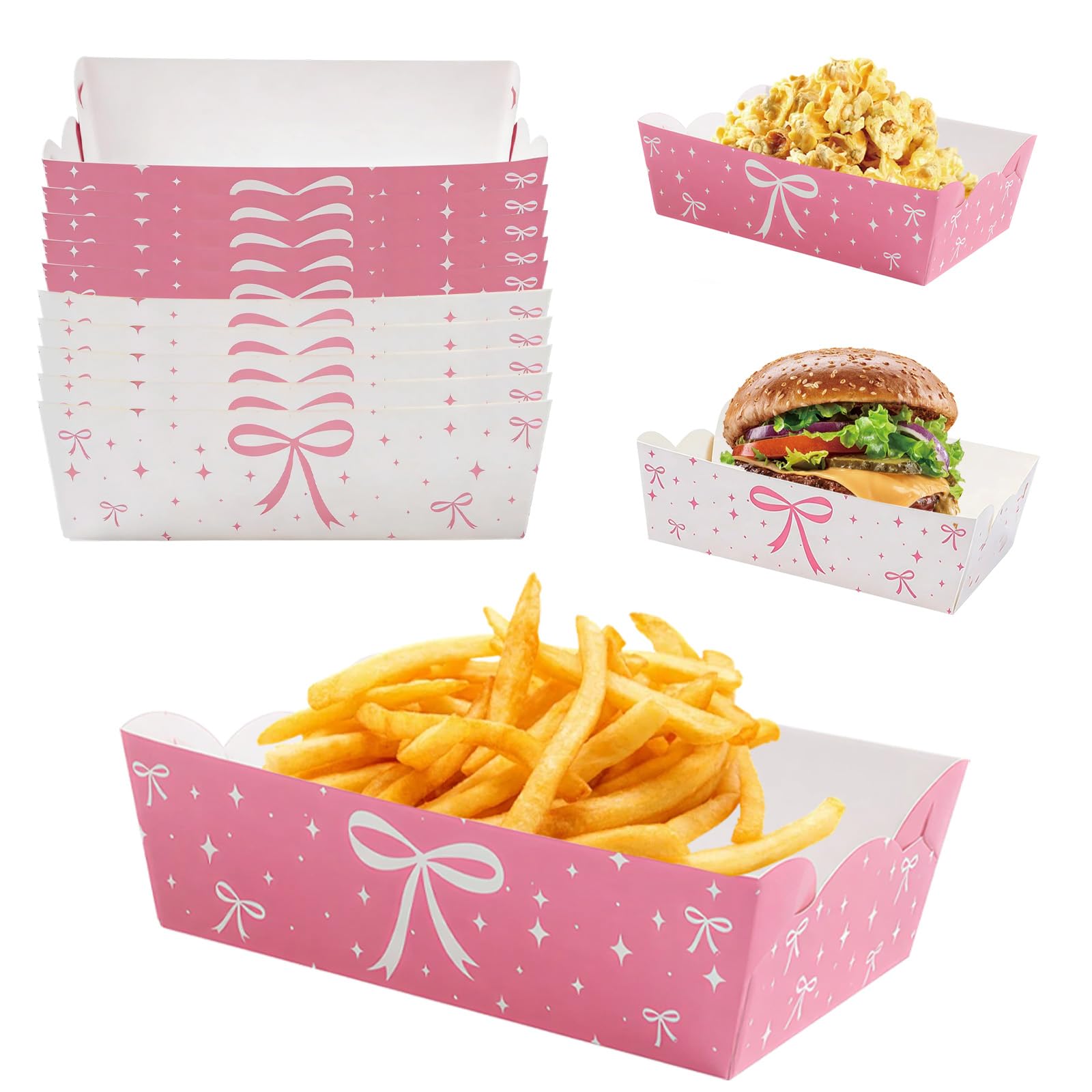 24 Pcs Pink Bow Party Food Trays, Pink Patterned Paper Food Trays for Cinema, Birthday Parties, Wedding Events, Grease Resistant Disposable Serving Paper Trays for Party Supplies
