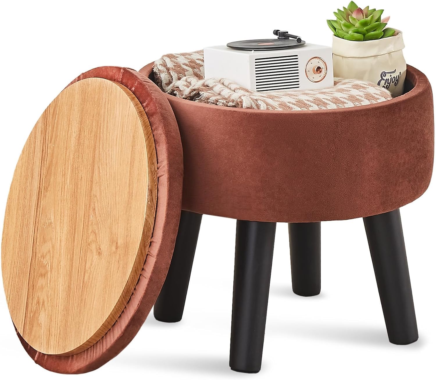Dence Store Storage Ottoman Footstool Round Footrest Soft Padded Foot Stool with Solid Wood Legs Accent Side Table Step Stool Extra Seating for Hallway Living Room Bedroom Entryway (Coffee)-image-40