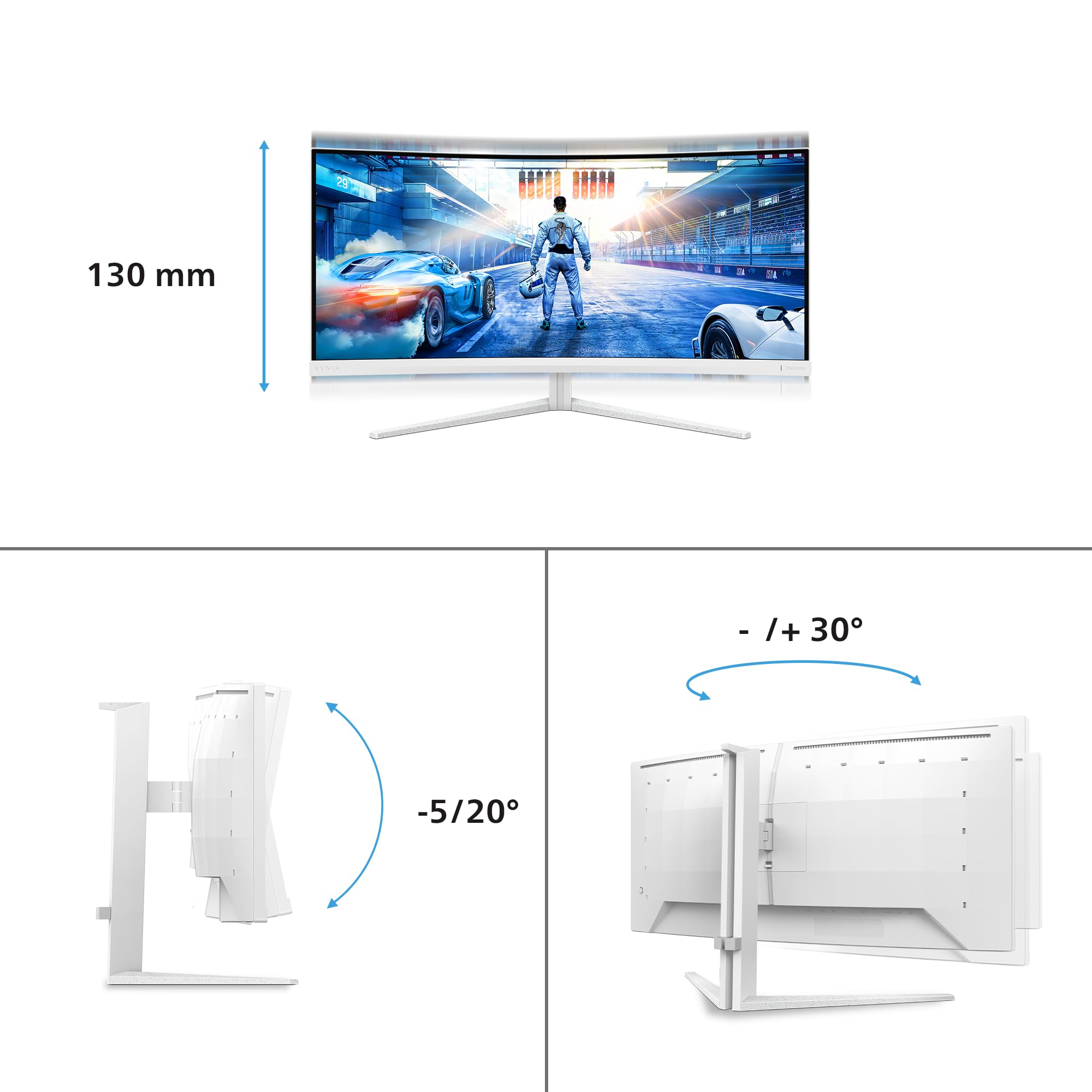 Philips Evnia 34M2C5501A - 34" WQHD zakrzywiony monitor do gier, 180 Hz, 1 ms, FreeSync Premium, Ambiglow (3440 x 1440, 2 x HDMI 2.0, 1 x DisplayPort 1.4, koncentrator USB), biały