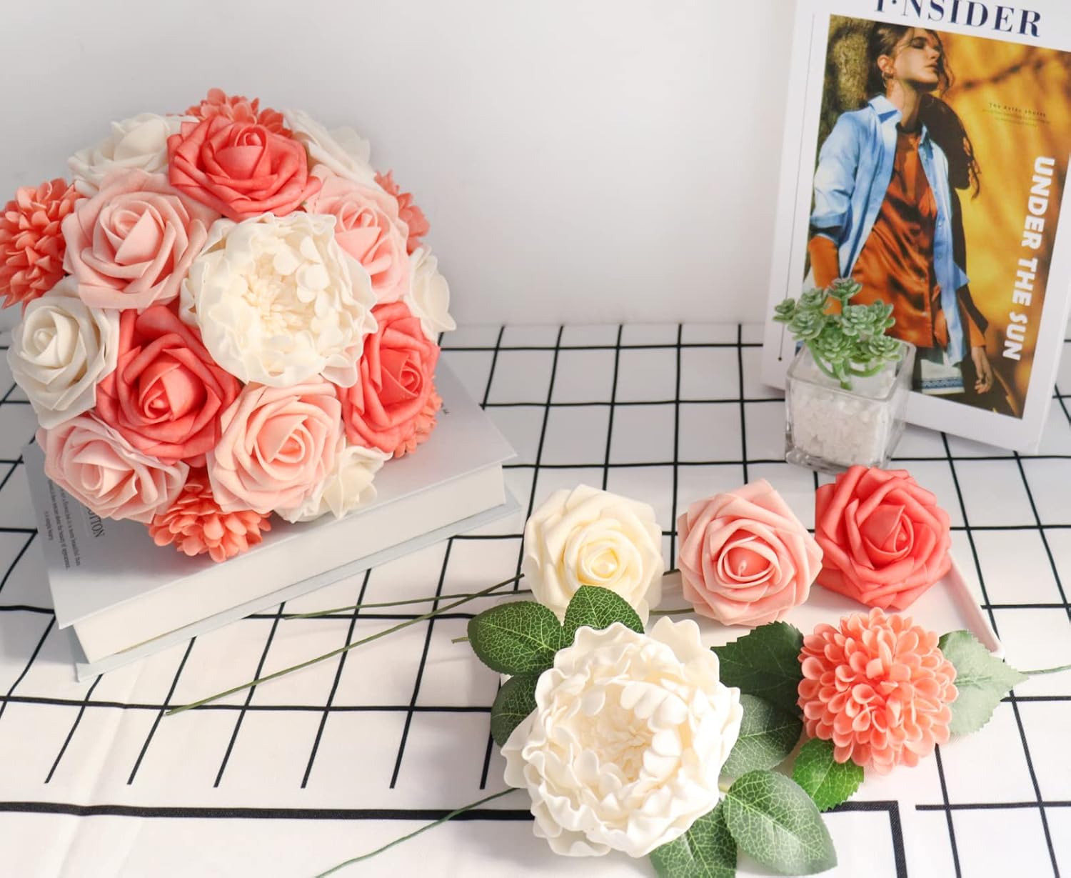 D-Seven Artificial Flowers Coral Dahlia Daisy Flowers 25 pcs Fake Roses w/Stem for DIY Wedding Bouquets Floral Centerpieces Arrangements Baby Shower Cake Flower Decor - Image 5