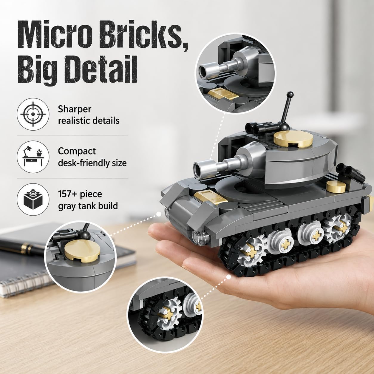 Micro Building Blocks Armored Phantom Tank Model Kit (4 Styles), Mini Cute Tank Set with Rotating Turret & Simulated Tracks,Develop Hands-on Skills (Wilderness F4 Tank (Gray)) image 2