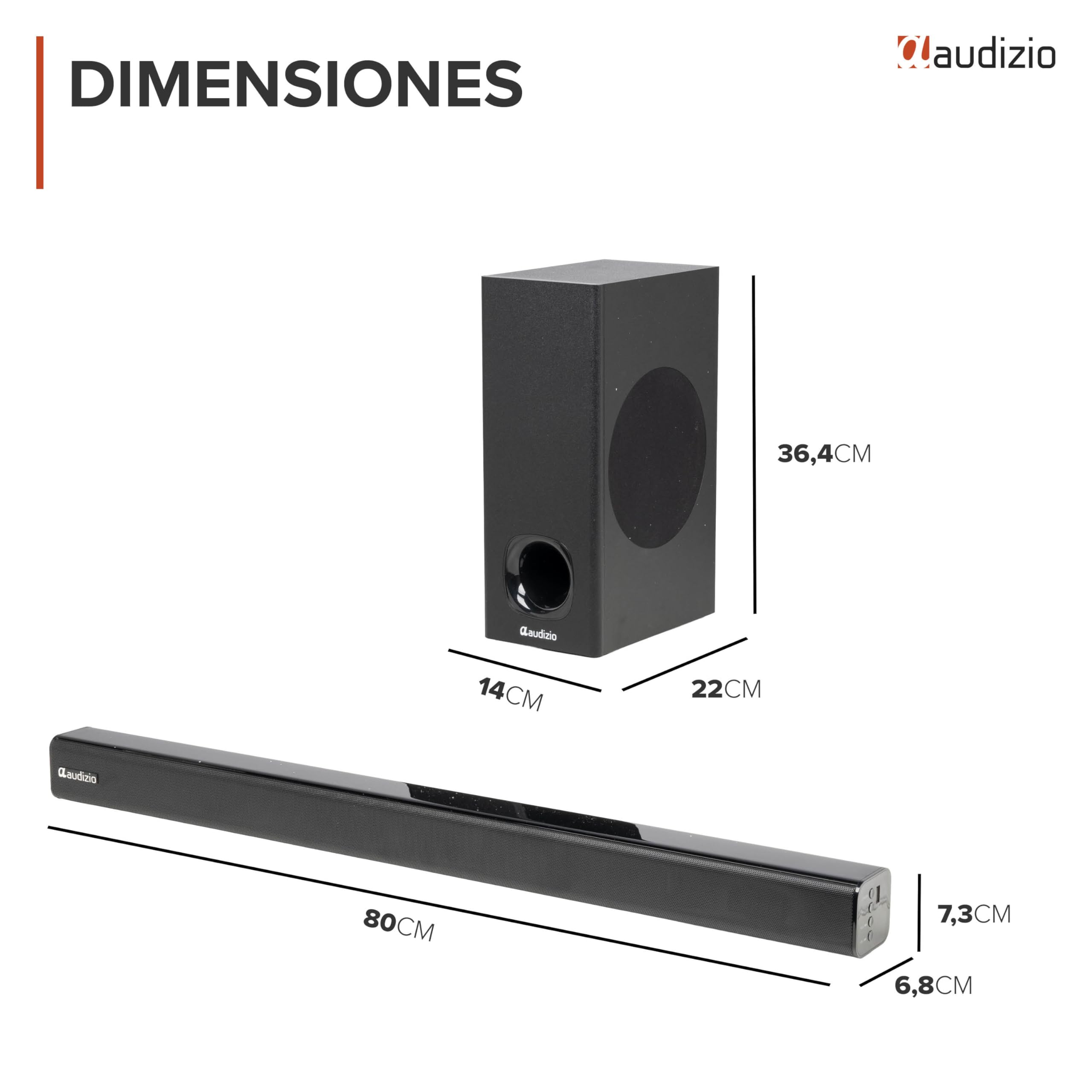 Audizio SB82S – Barra de Sonido 120W con subwoofer 5,25”, HDMI ARC, Bluetooth 5.3, USB y Entrada óptica, soundbar 80 cm para TV con Control Remoto y Montaje Pared, Color Negro