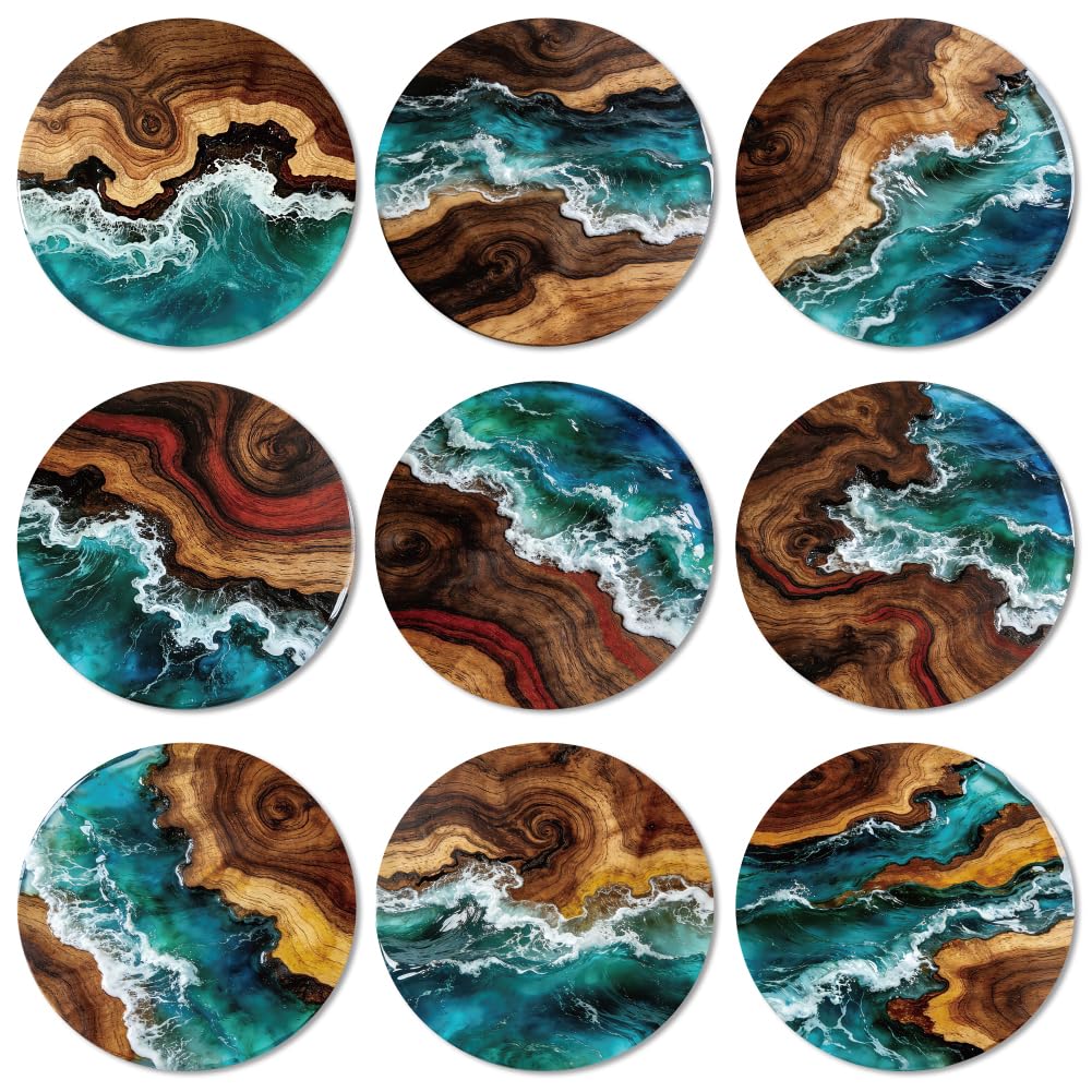 ANATTASOUL Ocean and Wood Grain Wood Coasters Set of 9 for Coffee Table