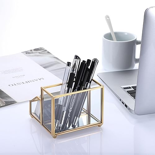 Miniatura 7 de Hipiwe Soporte de cristal para tarjetas de visita con organizador de bolígrafoslápices, soporte dorado para tarjetas de presentación para encimera