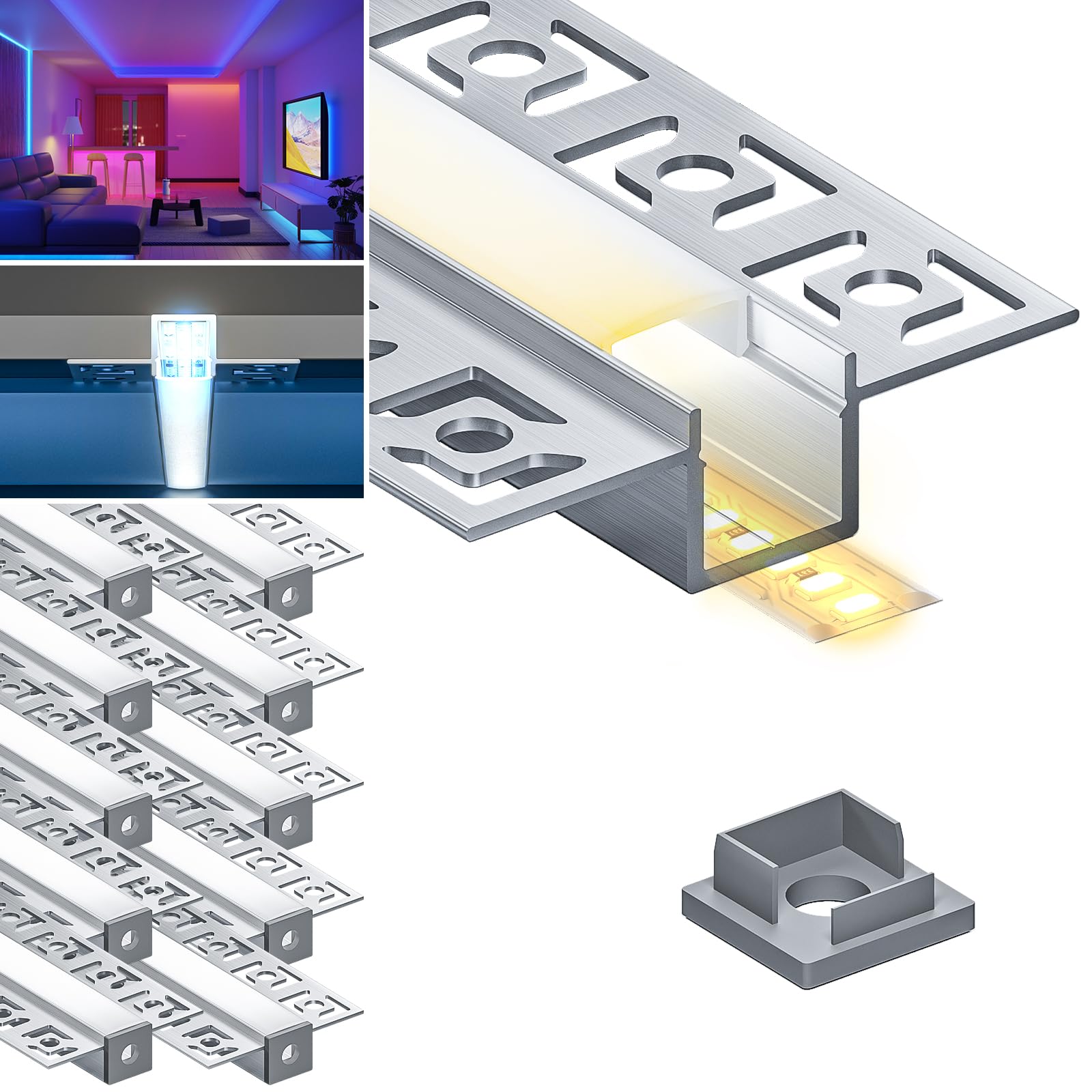 HOOLED 10 x Profilo Alluminio per Strisce Led da 2 METRI Rettangolari in Alluminio (20m) Copertura Opaca - Ingombro max 12,6 mm - Dimensioni 15,4 x 14,9 mm (alette 55,5mm)