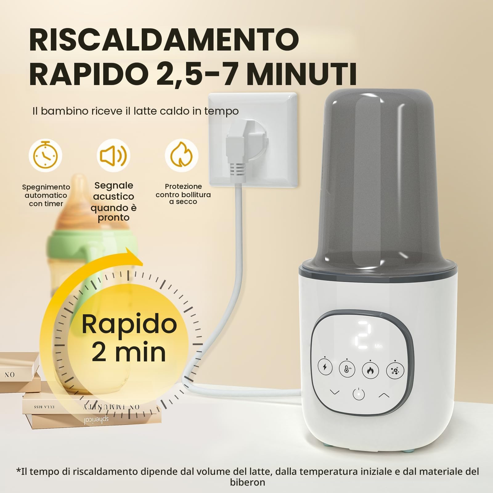 Scaldabraccia Scaldabiberon con cavo per il riscaldamento rapido del latte materno o artificiale, multifunzione con controllo della temperatura e protezione dallo spegnimento