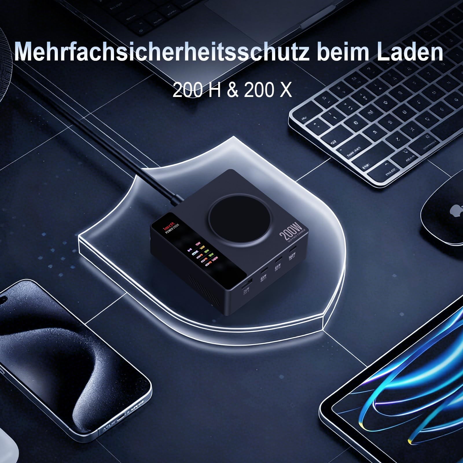 ISDT Power 200 Serie USB C Ladegerät,200W Handy Ladegerät mit 4 USB+1 Kabelloses Ladegerät,APP-Verbindung LCD Display PD 3.1 Schnelles Ladegerät Kompatibel mit iPhone,iPad,MacBook usw (Power 200H)