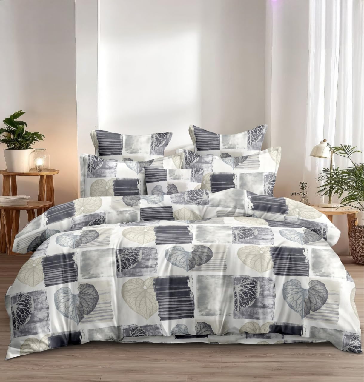 Bedding Set Combo of Double Bed Duvet Cover Set with Fitted Bedsheet & 2 Pillow Covers | 300 TC Cotton Fabric | Zipper Closure |All Round Elastic|Warm Stuff|SED 052|White Grey Patti-image-33