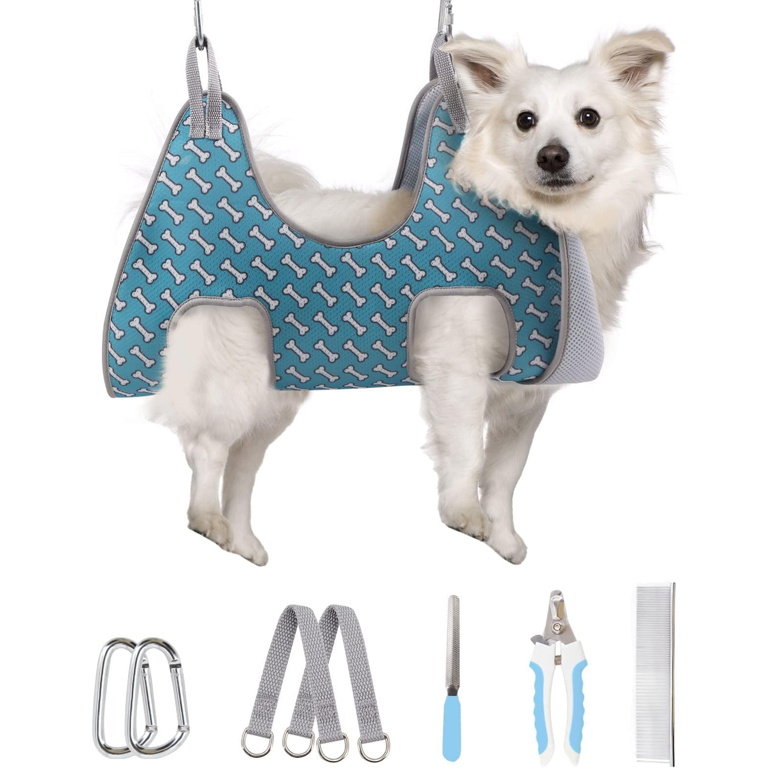 Supet Dog Grooming Hammock Harness for Dogs Cats, Relaxation Pet Nail Clipper Hammock, Restraint Dog & Medium Animal Leashes Sling for Groomingk for Nail Trimming (Coral Blue, M)