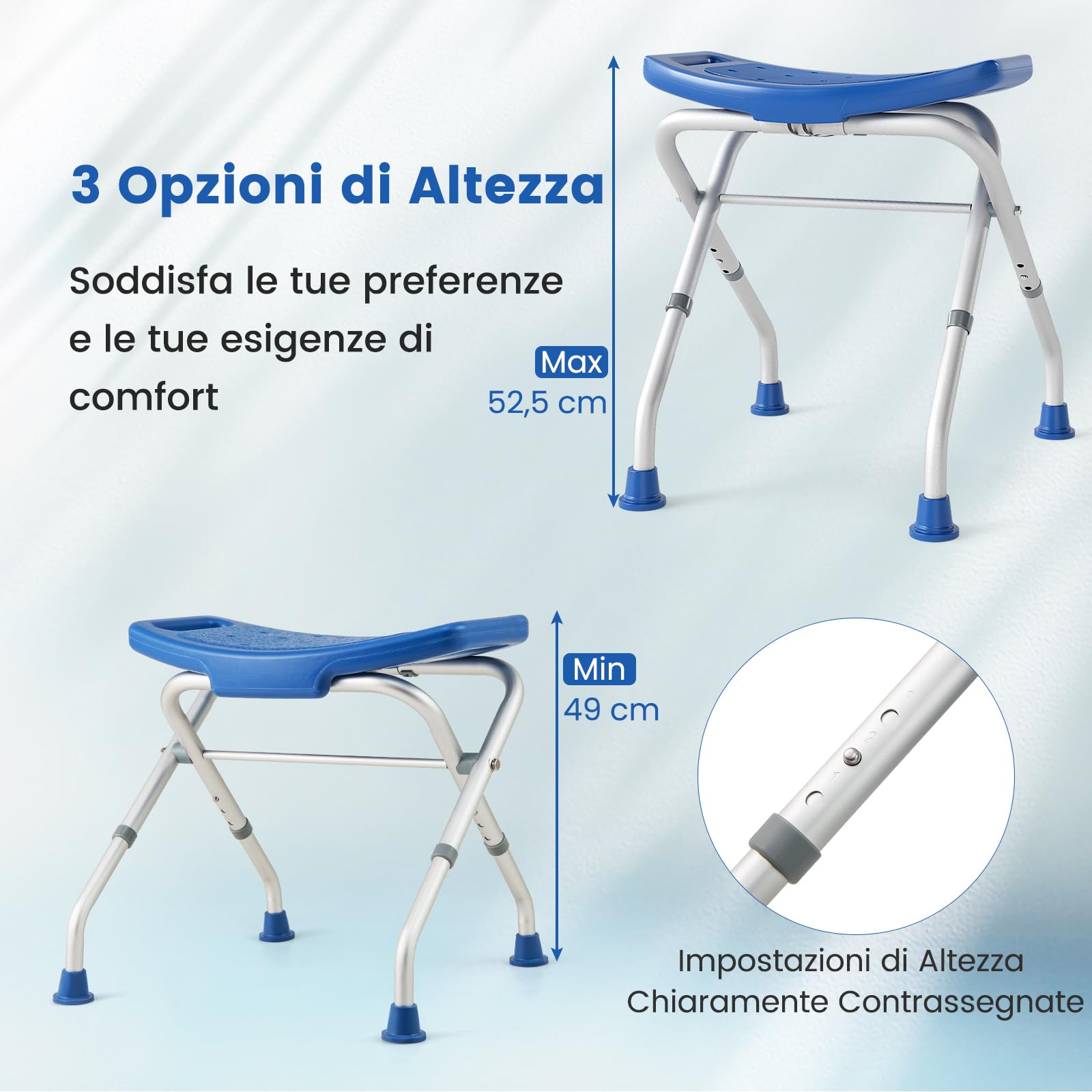 RELAX4LIFE Sgabello da Doccia Pieghevole, Sedia per Doccia in Alluminio, Altezza Regolabile 49-52,5 cm, Piedini Antiscivolo in Gomma, Sedile da Bagno per Anziani e Disabili o Riabilitazione (Blu)