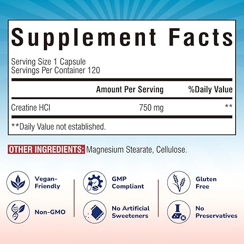 Miniatura 2 de Cápsula de creatina HCl, 750 mg de clorhidrato de creatina de alta absorción, resistencia, fuerza, absorción rápida, sin carga, sin hinchazón,
