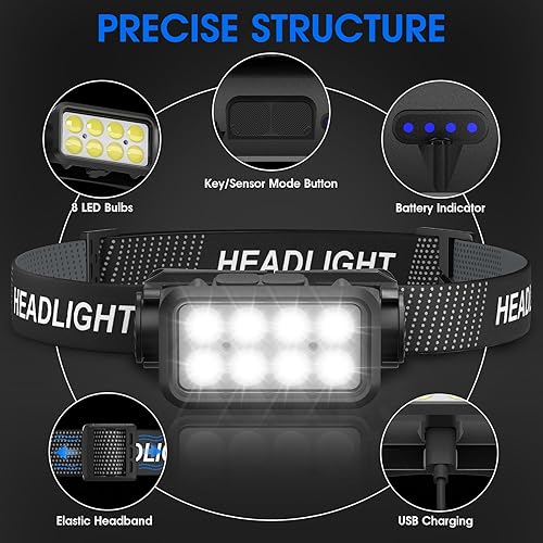 Miniatura 2 de Linterna frontal recargable, 8 LED de 2500 lúmenes, faro súper brillante con luz blanca roja y sensor de movimiento, paquete de 2 lámparas de cabeza