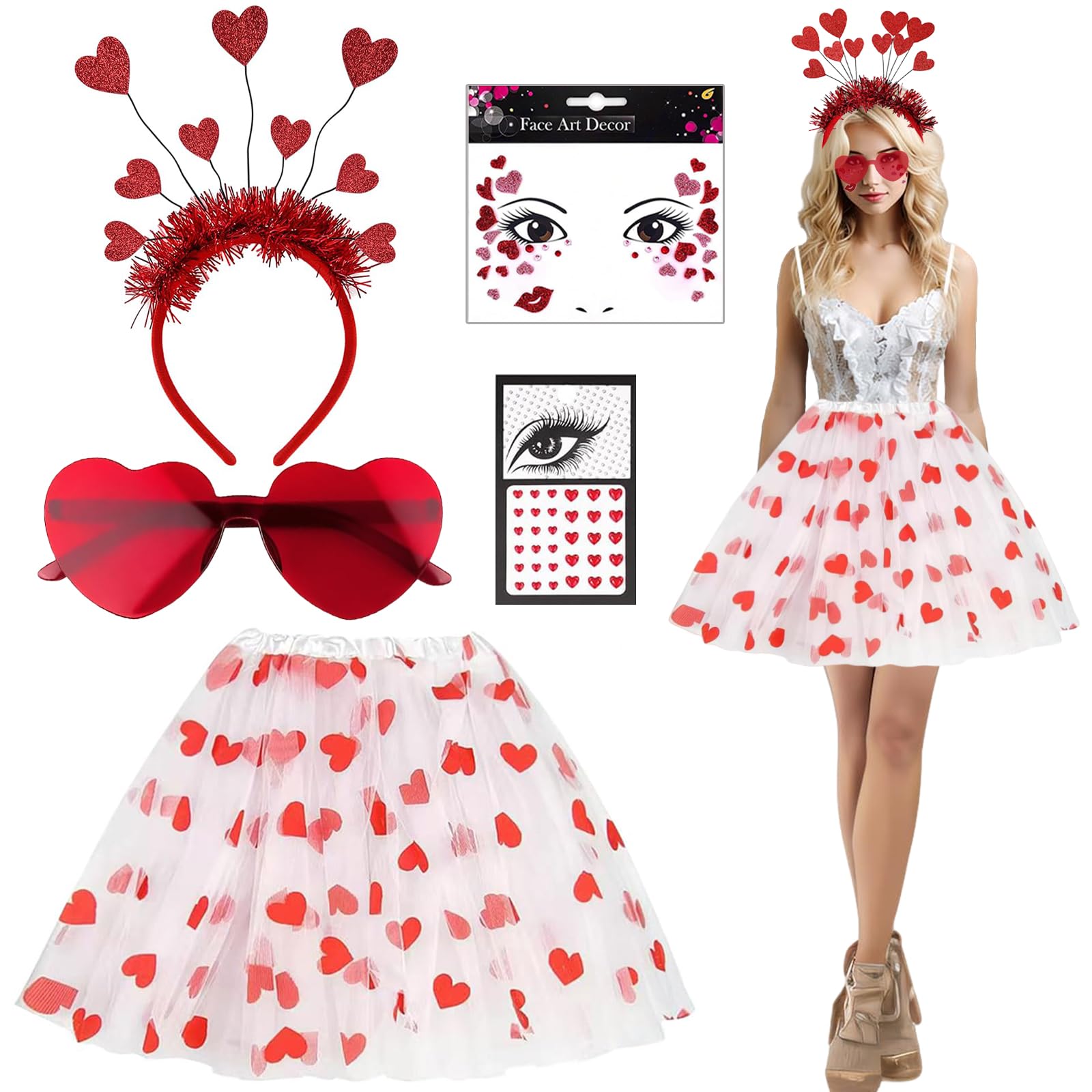 Costume de carnaval pour femme ensemble complet 5 pièces avec tutu et autocollants cœur