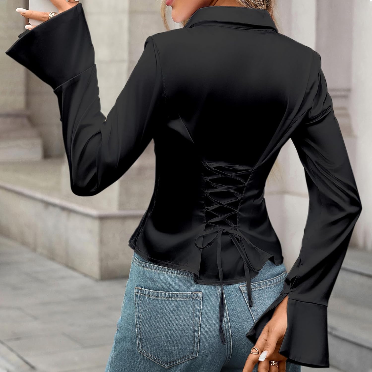 Women's Satin V-Neck Blouse Long Sleeve Button Down Shirt Business Casual Loose Fit Work Top - Image 2