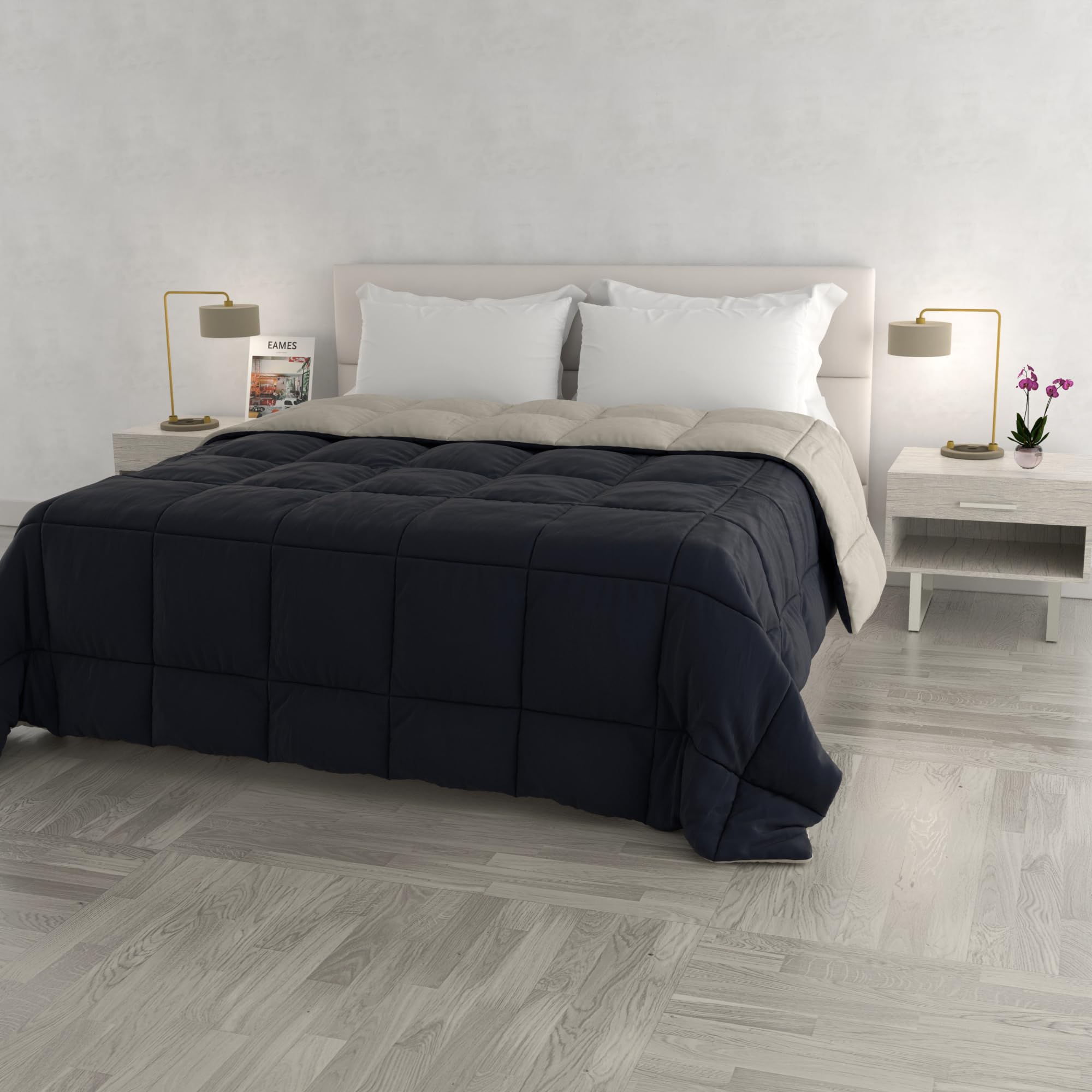 Italian Bed Linen Elegant Winter Quilt, 260x260cm, Dark Blue/Light Grey, Microfiber, DOUBLE