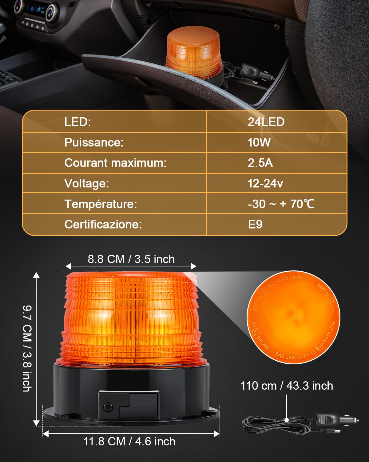Dinfu 2 x lampeggiante a batteria 12V LED lampeggiante senza fili stroboscopica Ambra segnalazione lampeggiante di emergenza Orange Luce Rotante magnetica per camion trattore SUV j-eep