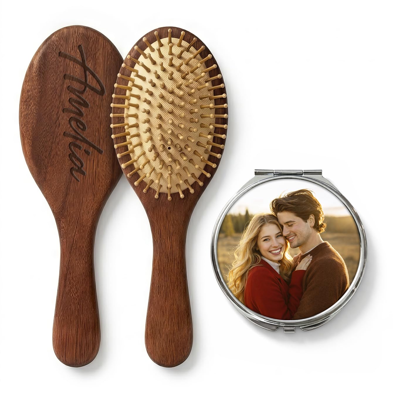 Custom Hair Brush and Mirror Set - Personalized Wooden Airbag Massage Comb & Handheld Mirror, Detangling Vanity Kit for Women, Bridesmaid Gifts