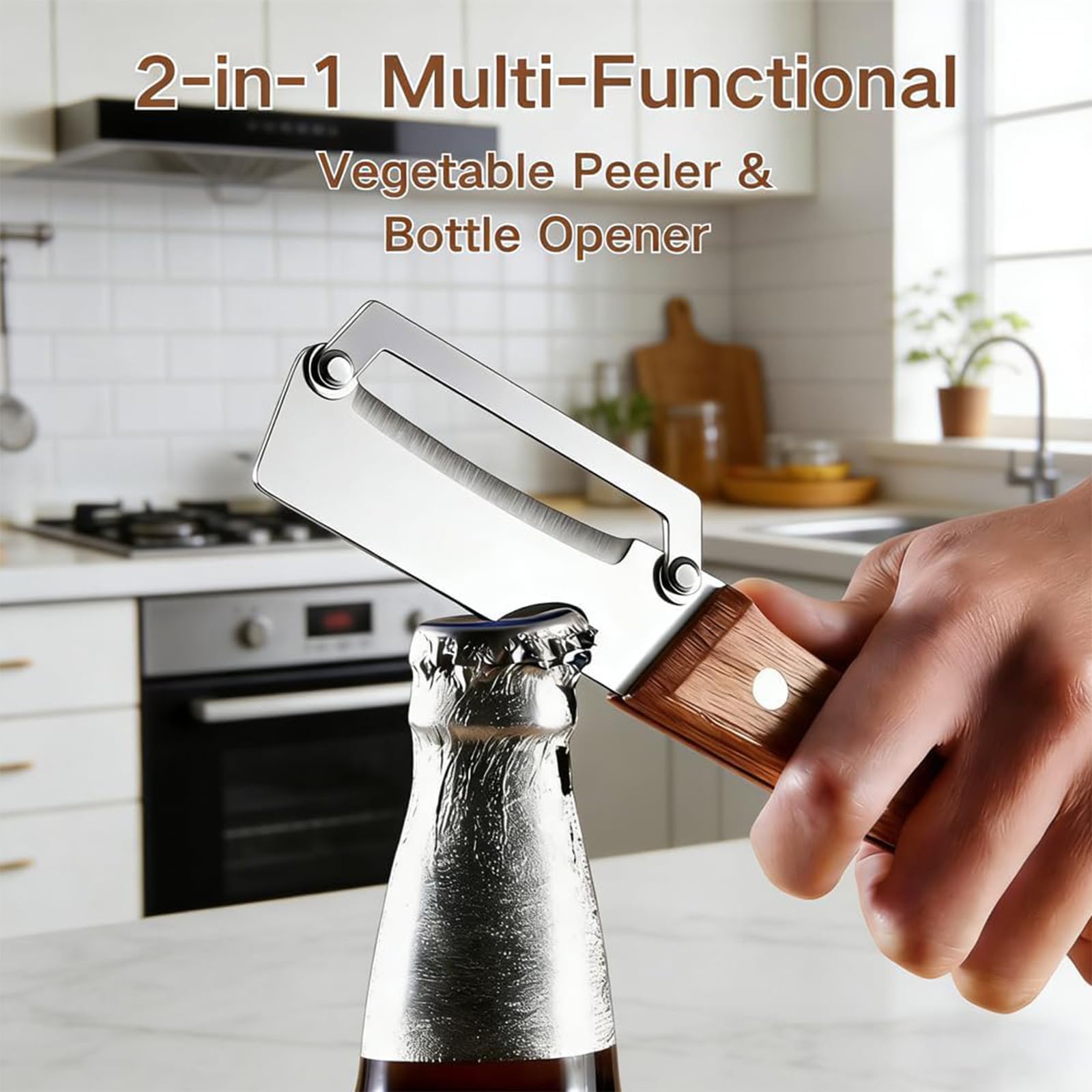 Multifunctional Vegetable Peeler with Wooden Handle 2 Pack,2-in-1 Stainless Steel Veggie Cutter with Bottle Opener,Kitchen Tool for Sugar Cane Potato Pineapple Pumpkin Papaya Carrot Fruit - 4