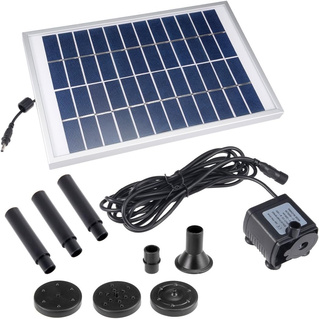Solar Water Pump Kit 5W 3M/9.8ft Wire Length with 7 Sprinkler Heads,Submersible Solar Water Pump,Garden Fountain Pool Watering Pond Pump Pool Garden Patio Bird Bath with Separate Solar Panel