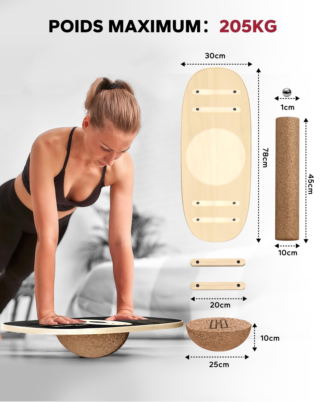 HAPBEAR Planche d'Équilibre Oscillante 6 Modes avec Butées Réglables,Planche d'Équilibre à Plusieurs Niveaux pour l'Entraînement Surf,la Concentration,le Contrôle de l'Équilibre et la Kinésithérapie