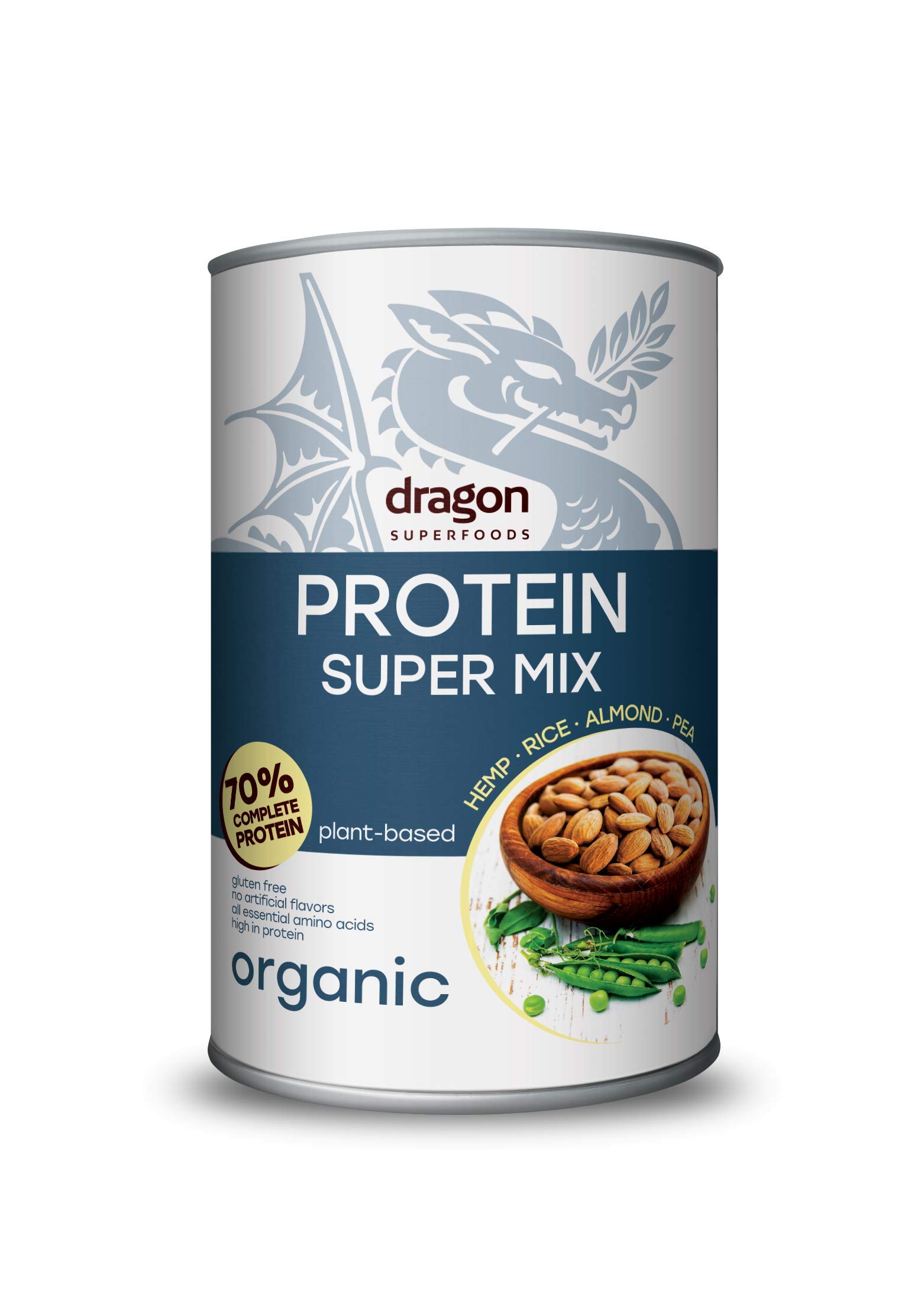 Dragon Superfoods Super Mix Protein Powder for Optimum Nutrition. Rice, Pea, Hemp, Almond Protein Mix - 100% Bio Organic, Soy and Gluten Free Vegan Protein - 500gr (30 servings).