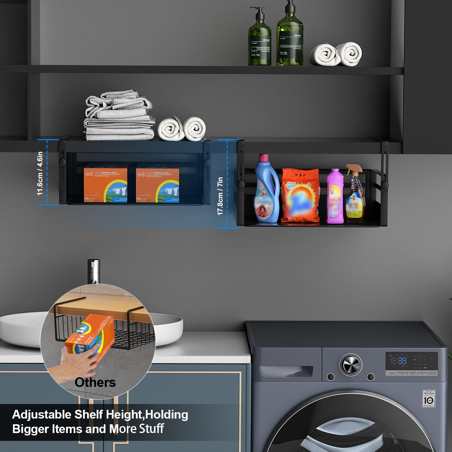 AmonHouseware Aufbewahrungskörbe unter dem Regal, verstellbar, zum Aufhängen unter dem Schrank, zusätzliche Aufbewahrungsregale, Einschubkörbe, Organizer für Waschküche, Küche, Speisekammer