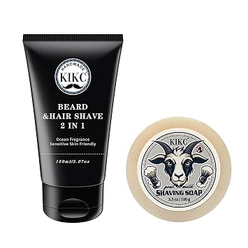 KIKC Shaving Soap and Shaving Cream Kit,Goat Milk Scent Shave Soap for Men,Shave Cream with Ocean Fragrance, a 3.5oz Soap, a 2 in 1 Shave Cream 150ml for Wet Shaving