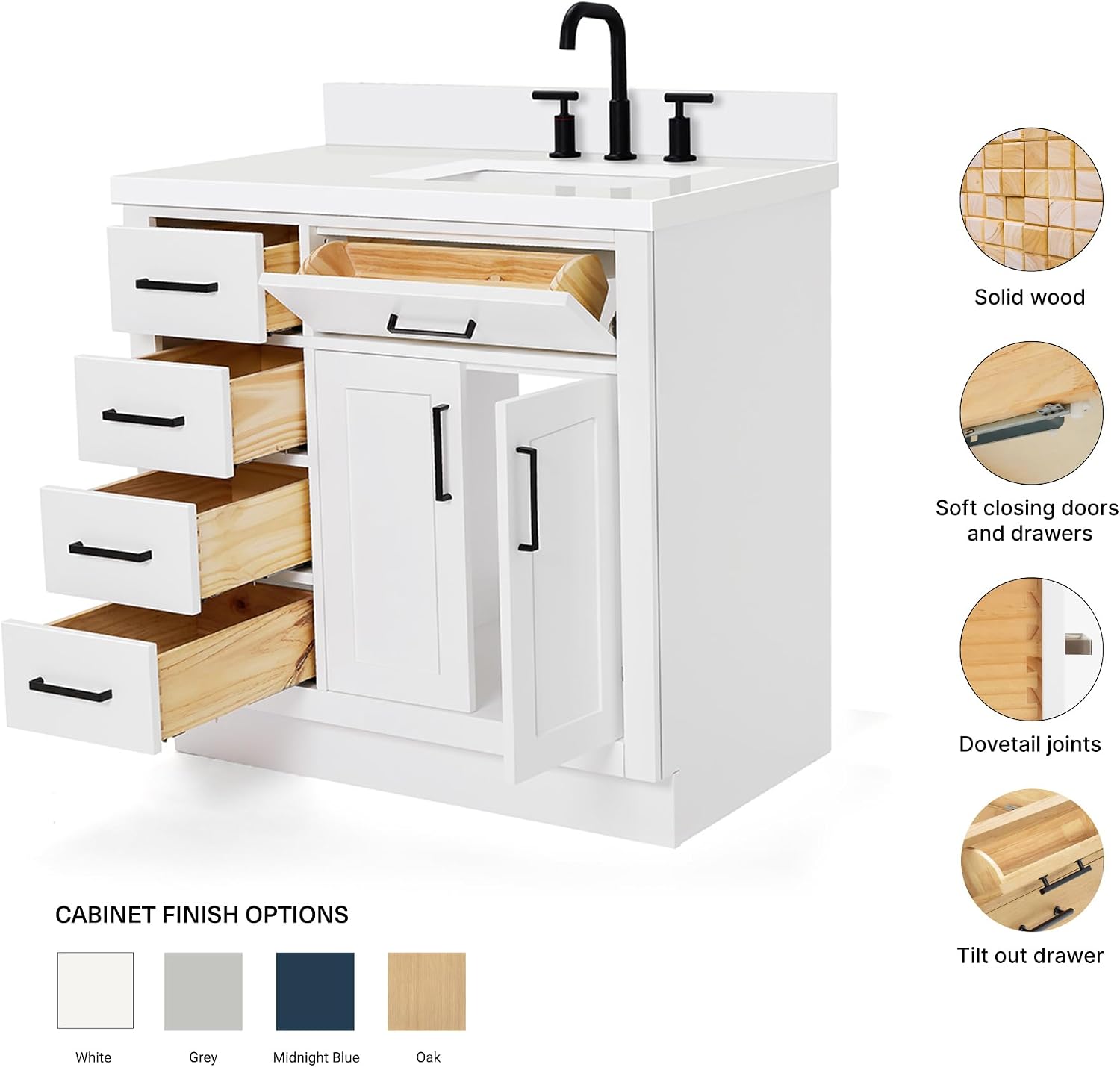 ARIEL Hepburn 36-inch Bathroom Vanity with Sink,Solid Wood, 1.5-inch Pure White Quartz Countertop & Backsplash, Single Rectangular Porcelain Sink, 2 Soft Closing Doors, 5 Dovetail Drawers, White