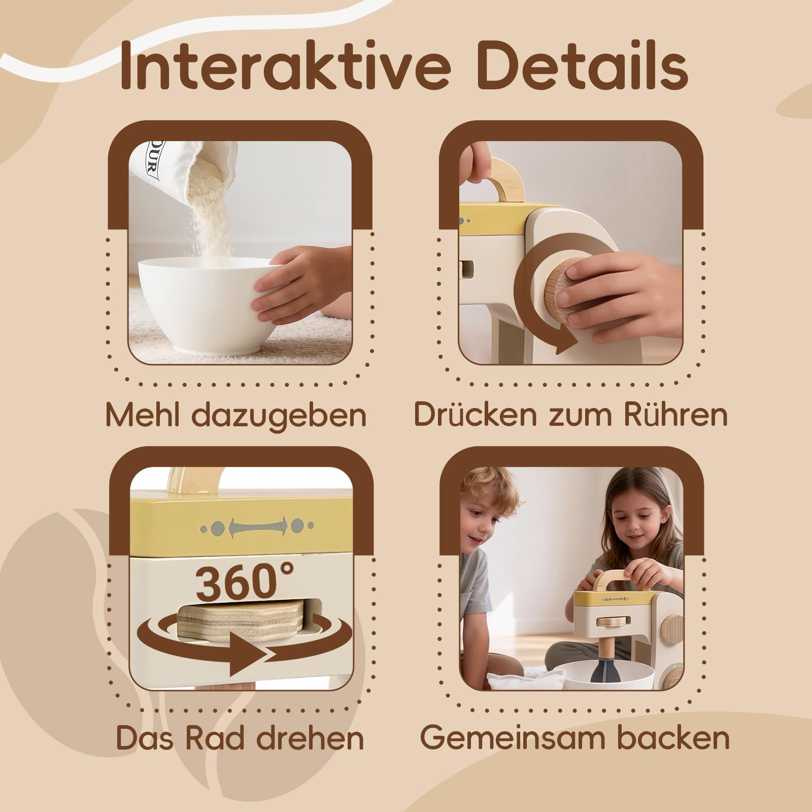Holz Küchenmixer Spielzeug für Kinder, Kinderküche Zubehör Holz Rollenspiel Set, Spielküche Backmaschine mit Hebearm, Spielzeug für Mädchen & Jungen