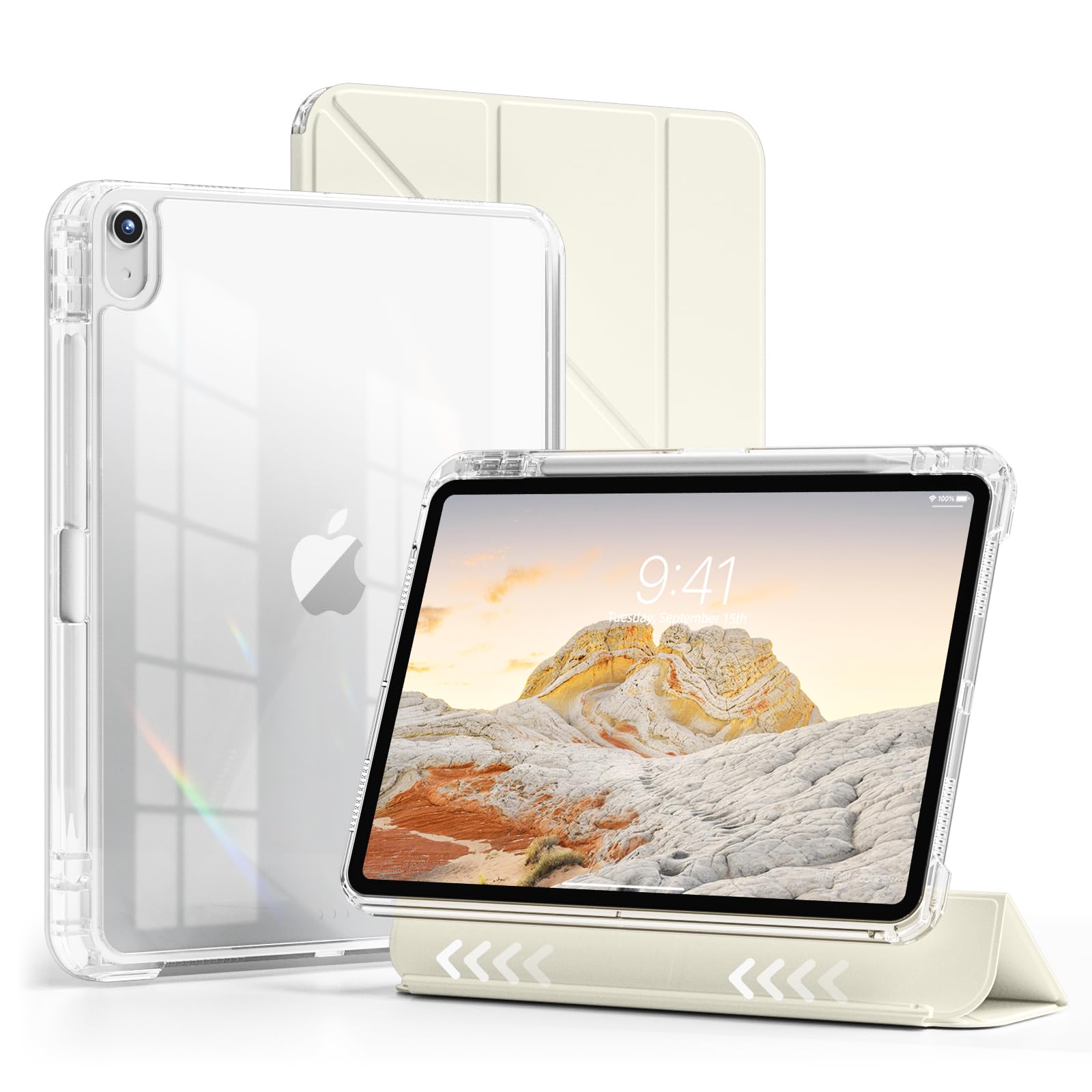 ZKTUYU Hülle für iPad (A16) 11./10. Generation 2025/2022, CremeWeiß | Abnehmbare Schutzhülle mit Stifthalter, Transparente PC Rückseite, Auto Schlafen/Wachen, für iPad 11/10 Gen (11/10,9 Zoll)