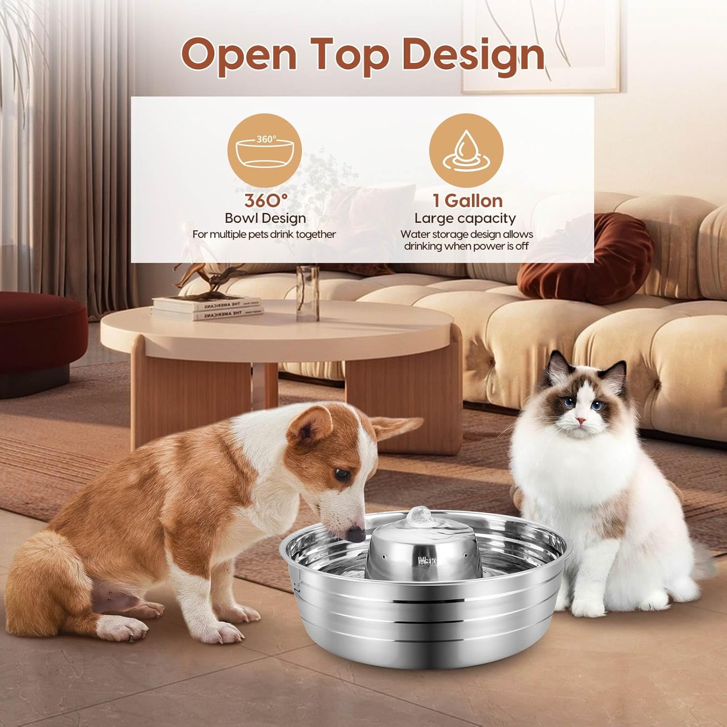 Ofat Home Dog Water Fountain, 128oz/1Gal/3.78L Stainless Steel Pet Water Fountain, Large Dog Water Fountain, Easy to Assemble and Clean with Ultra-Quiet Pump for Cat, Dogs, Multiple Pets