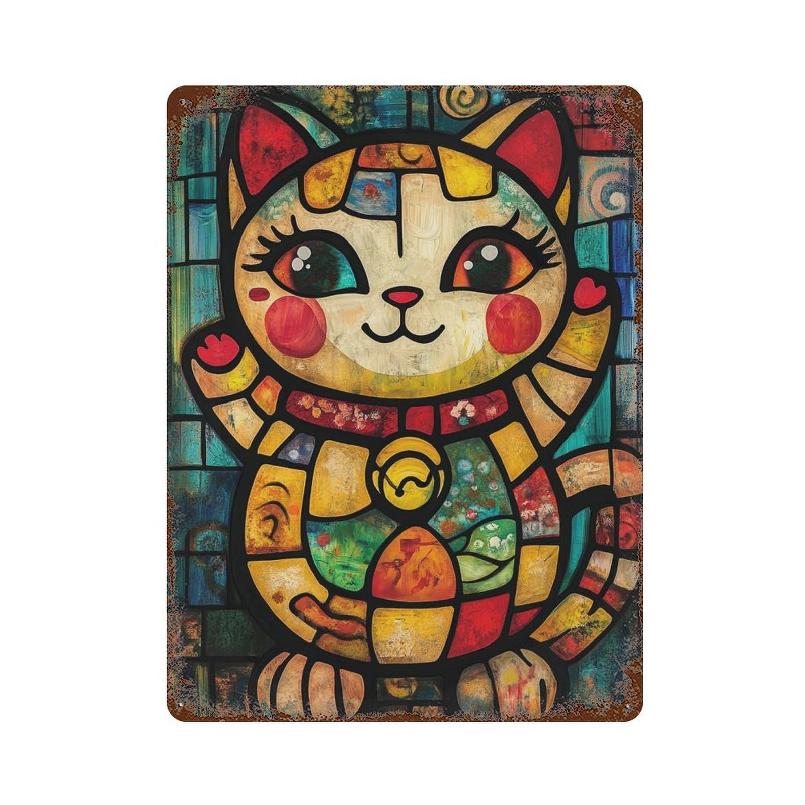 Distressed Metal Wall Sign with Colorful Stained Glass Cat Art-2 Design 15.7"x11.8", for Cafe, Home Bar And Lounge Decor, Retro Wall Decor