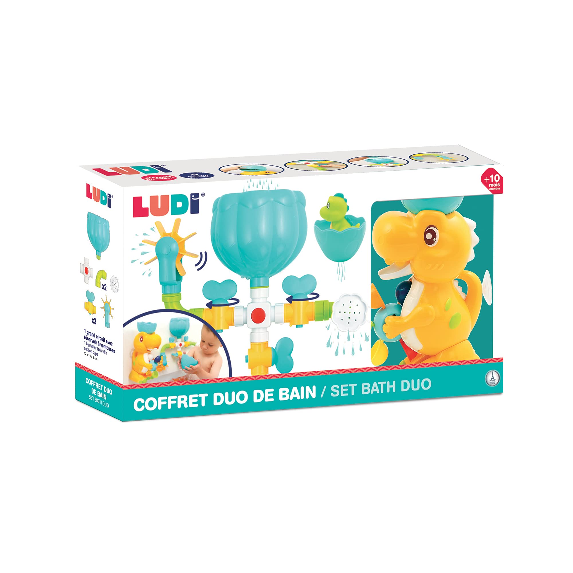 LUDI - Coffret de Bain Dino - 1 Circuit d’Eau à Construire, 1 Grand Dinosaure, 1 Bébé Dino Aspergeur - Jouet de Bain pour Bébé à Ventouser - Modulable, Evolutif et Éducatif - À Partir de 18 Mois