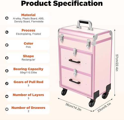 Miniatura 3 de Caja de almacenamiento de la carretilla del viaje del cosmético del caso del maquillaje del, Rosado, Moderno