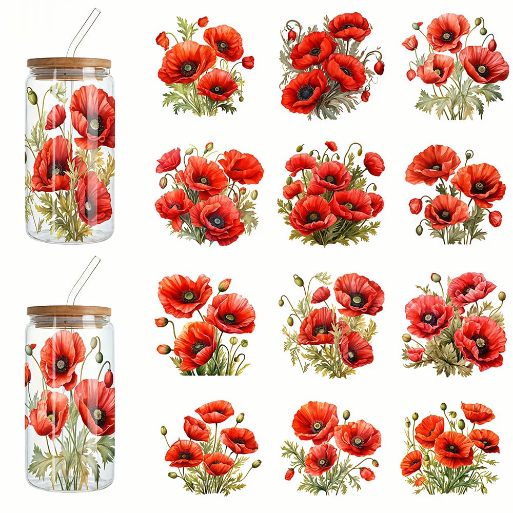 Yqtwlkjic Multicolor 12Pcs Christmas Red Poppy Flowers Uv Dtf Cup Wraps Transfer Waterproof Sticker For Glass Cups Furniture Craft Diy Crafts，Rub On Transfer Stickers For Diy Water Bottle Laptop Decal Wood Car