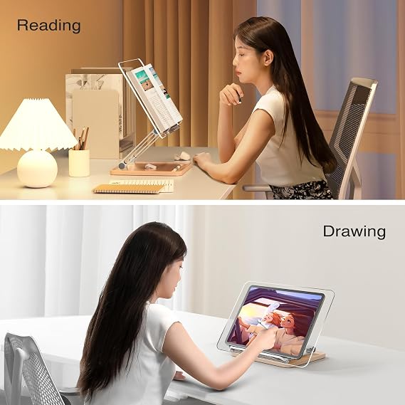 Acrylic Book Stand with Storage Base, Dual Aluminum Arm Reading Holder | Non-Slip Silicone Clips, Hands-Free Reading, Holds Pens & Notes, for Cookbook, Recipe & Textbook