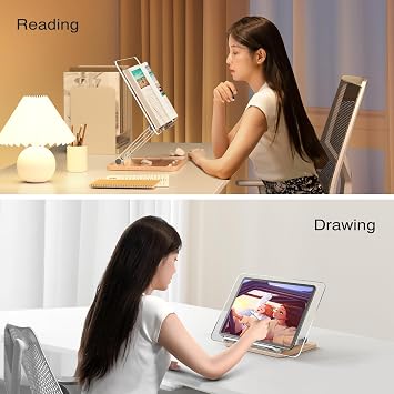 Acrylic Book Stand with Storage Base, Dual Aluminum Arm Reading Holder | Non-Slip Silicone Clips, Hands-Free Reading, Holds Pens & Notes, for Cookbook, Recipe & Textbook