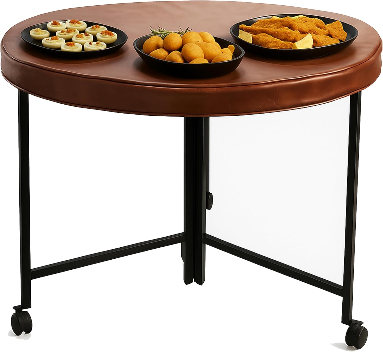 36" Round Folding Table w/ Lockable Wheels -Heavy-Duty Indoor & Outdoor Round Table, Folding Round Table w/Leather Top for Round Tables for Parties, Camping Round Foldable Table & Dinning Room Tables