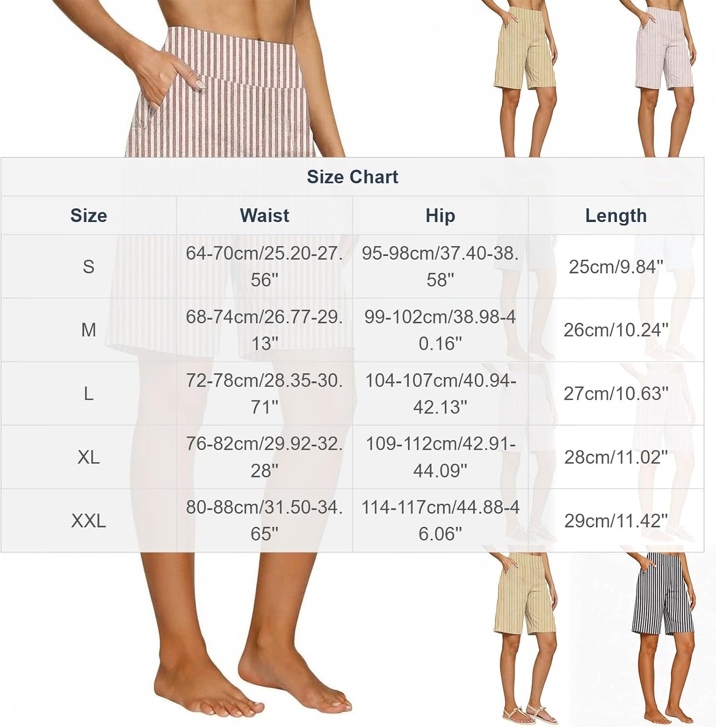 Womens Striped Straight Leg Shorts Knee Length Elastic Waist Bermuda Short Pants Casual Summer Shorts with Pockets