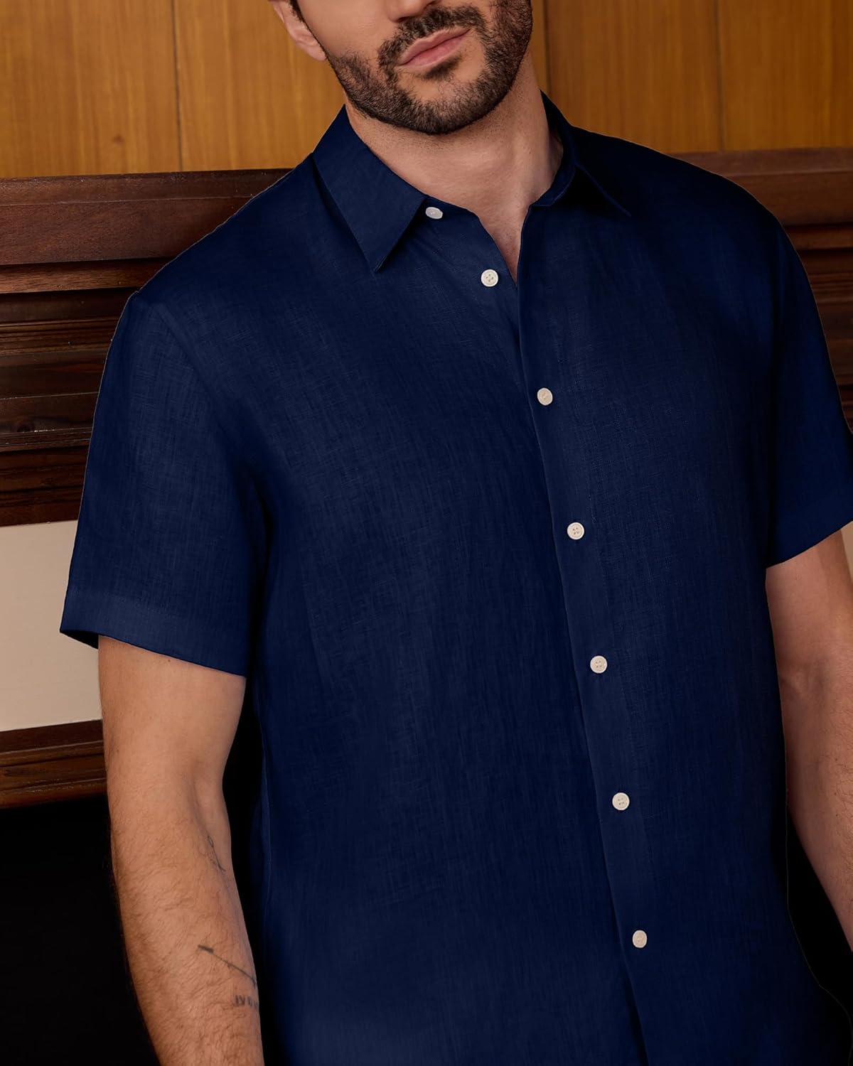 Kallspin Men's 100% Linen Button Down Shirts Casual Short Sleeve Tops Collared Summer Beach Shirts - Image 7