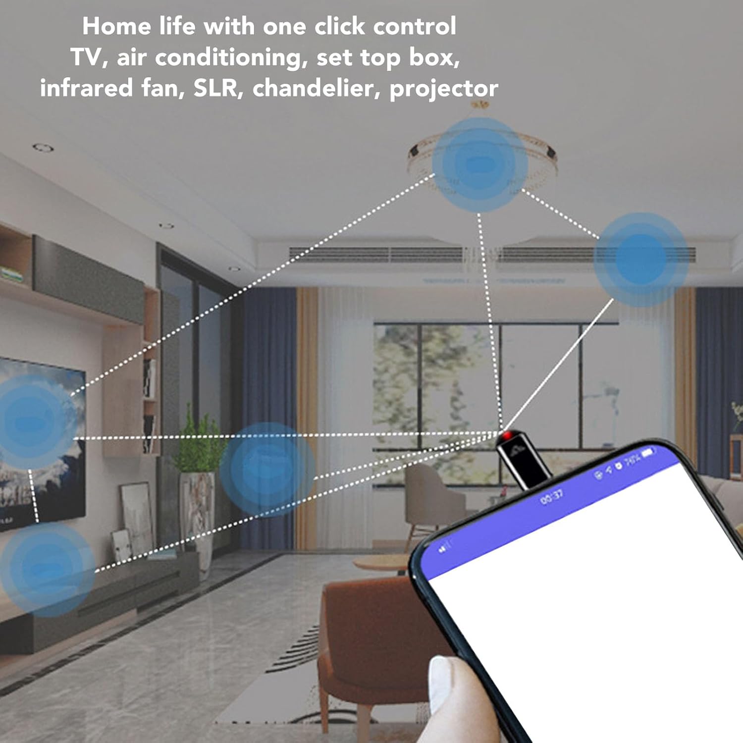 Smartphone displaying an air conditioner remote interface, controlled by the Luqeeg IR remote