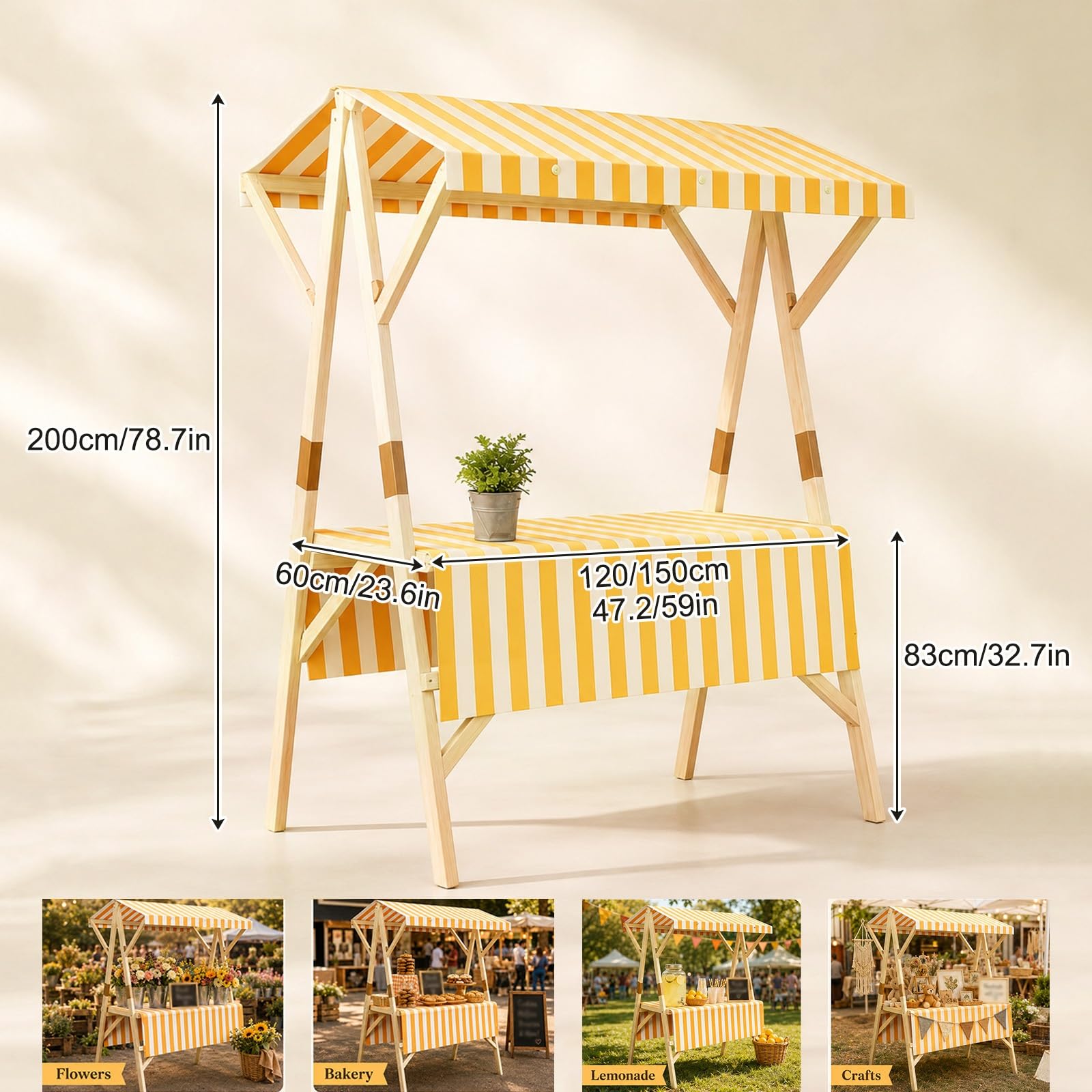 HARELA Genérico Puesto De Mercado con Toldo, Carrito de Comida callejera de Madera, Puestos Plegables, para Venta De Alimentos, Puestos Callejeros, Ferias De Artesanía(Green B,150cm/59in)