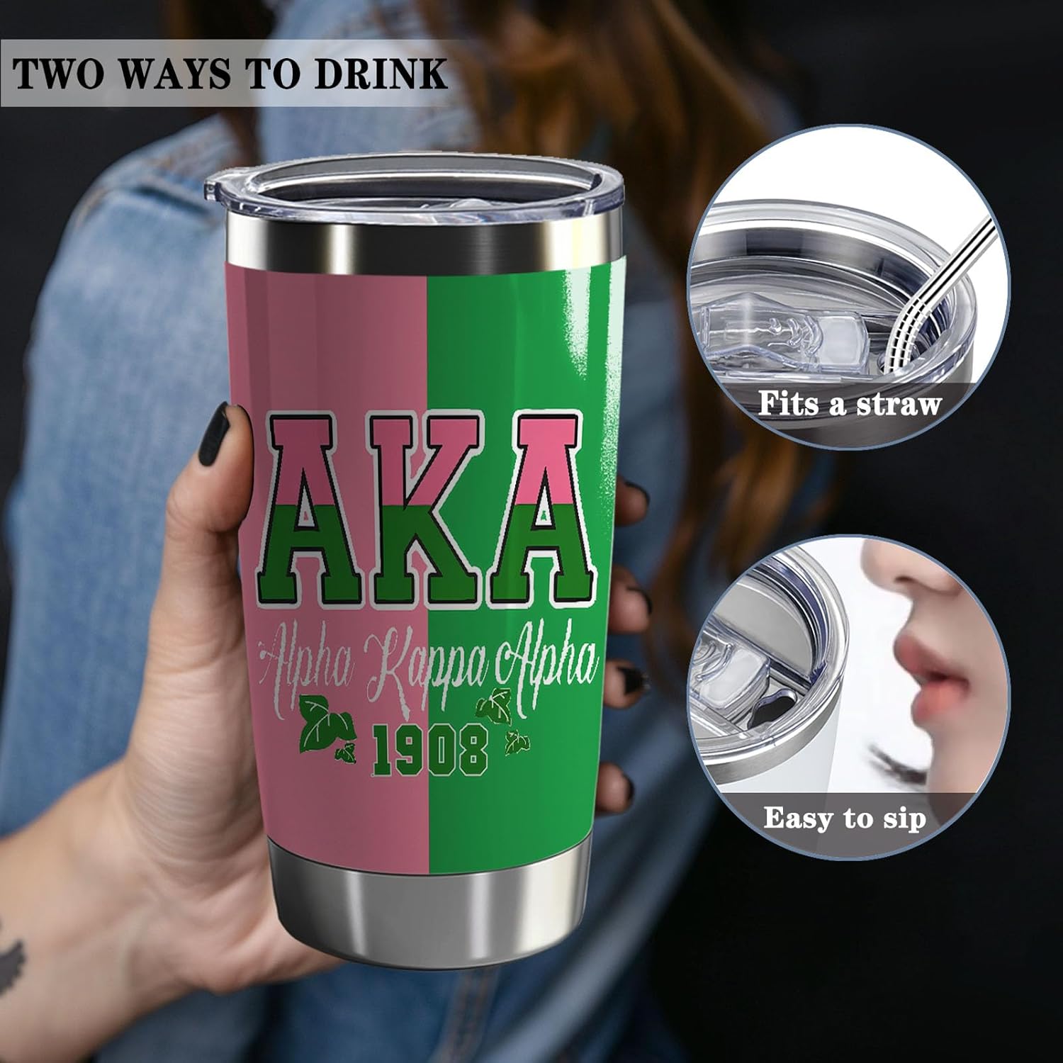 AKA Sorority Gifts for Women, AKA Paraphernalia Tumbler 20 oz, 1908 Pink Green Idea Gifts for Women Girl Sisters, Stainless Steel Insulated Tumbler with Straw and Lid (aka pink+green) - Image 4
