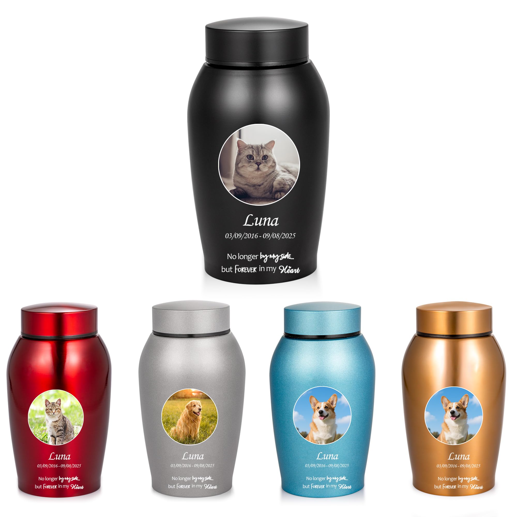 Personalized Pet Memorial Urns for Ashes, Custom Color Photo Remembrance Tribute Gift – No Longer By My Side But Forever In My Heart – Sympathy Bereavement Gifts