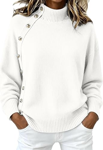 Shiketong Womens Button Mock Neck Sweater Asymmetric Pullover Top White
